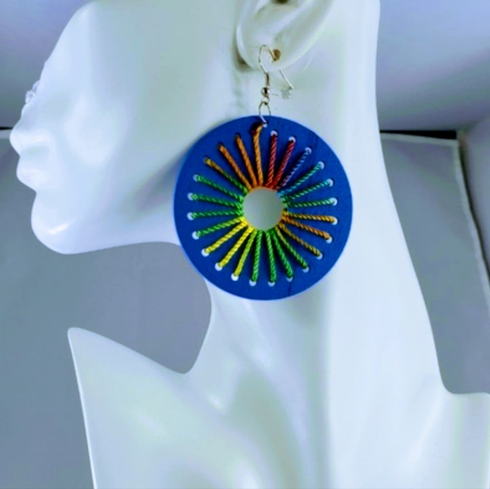 Colorful wood thread hook dangle earrings Blue